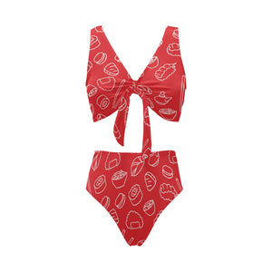 sushi pattern red background Chest Bowknot High Waisted Bikini Swimsuit