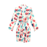 Red Blue guitar pattern Women's Long Sleeve Belted Night Robe