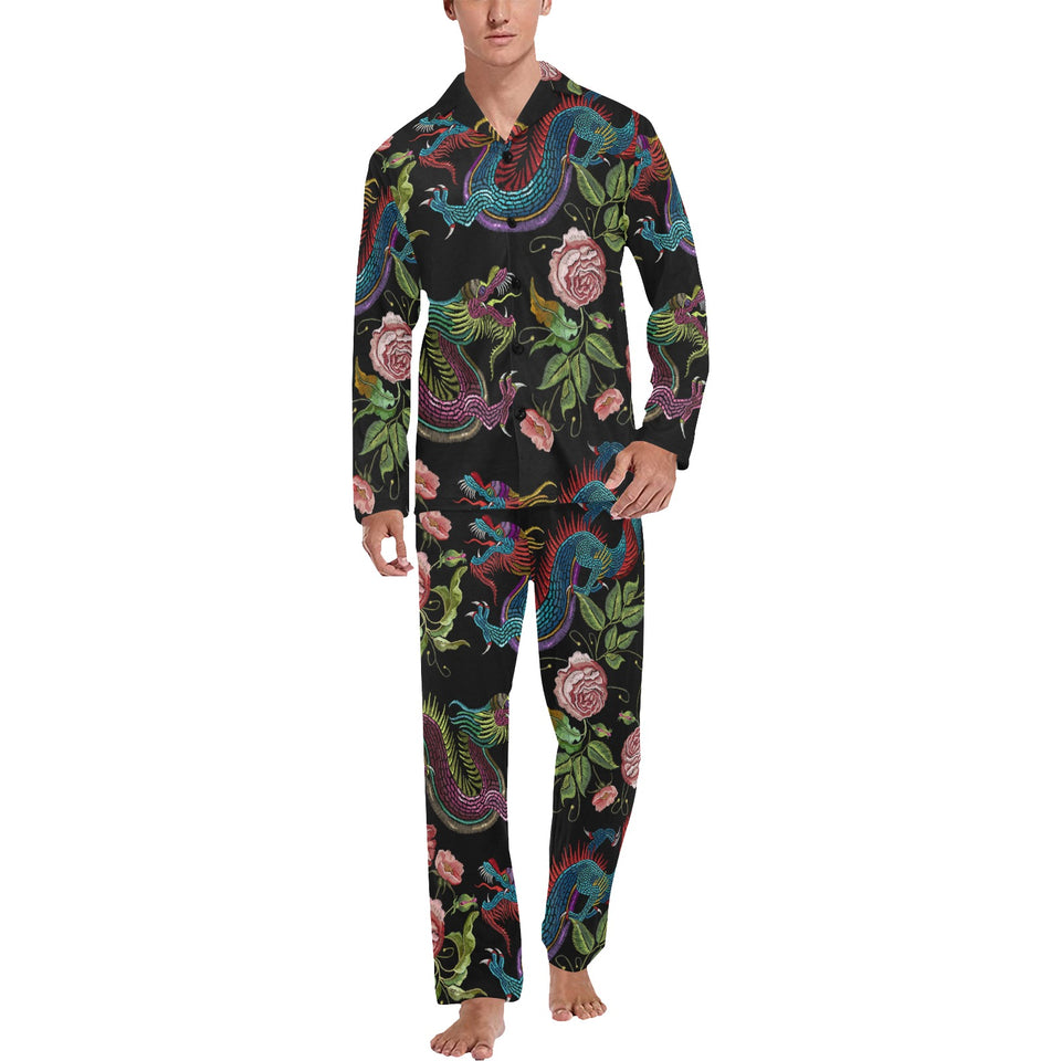 Dragons flower pattern Men's Long Pajama Set