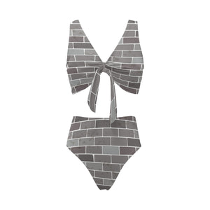 Brick Printed Pattern Print Design 05 Chest Bowknot High Waisted Bikini Swimsuit