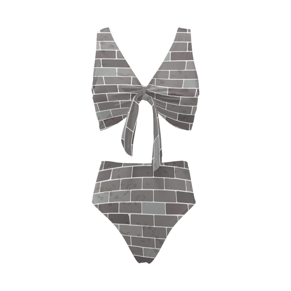 Brick Printed Pattern Print Design 05 Chest Bowknot High Waisted Bikini Swimsuit