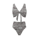 Brick Printed Pattern Print Design 05 Chest Bowknot High Waisted Bikini Swimsuit
