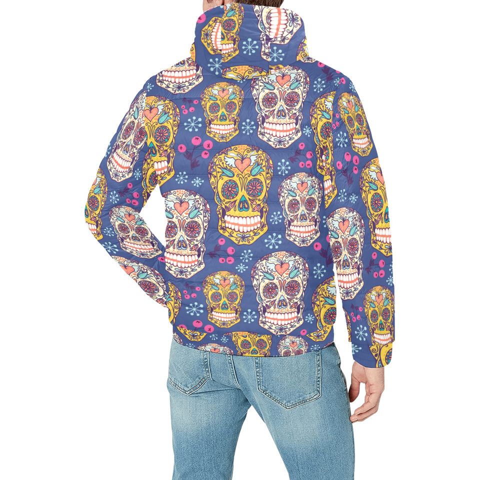 Sugar skull flower pattern Men's Padded Hooded Jacket