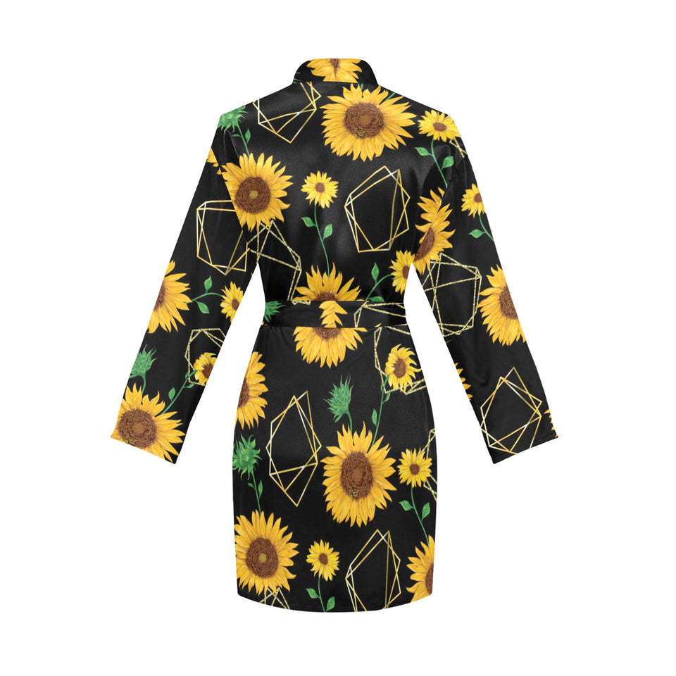 sunflower golden polygonal shapes Women's Long Sleeve Belted Night Robe
