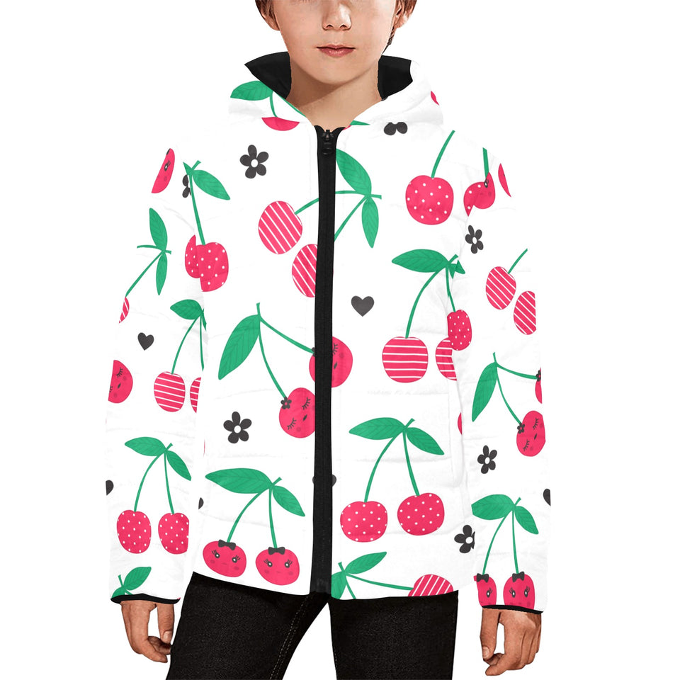 cherry pattern white background Kids' Boys' Girls' Padded Hooded Jacket