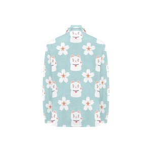 Maneki neko cat sakura Women's Long Sleeve Polo Shirt