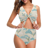 Bonsai bamboo stork japanese pattern cream theme Chest Bowknot High Waisted Bikini Swimsuit