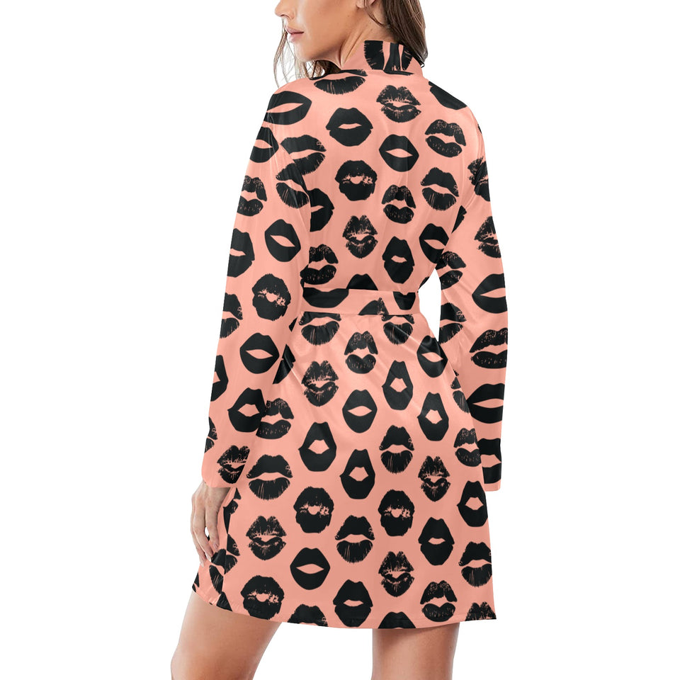 Lips Pattern Print Design 02 Women's Long Sleeve Belted Night Robe