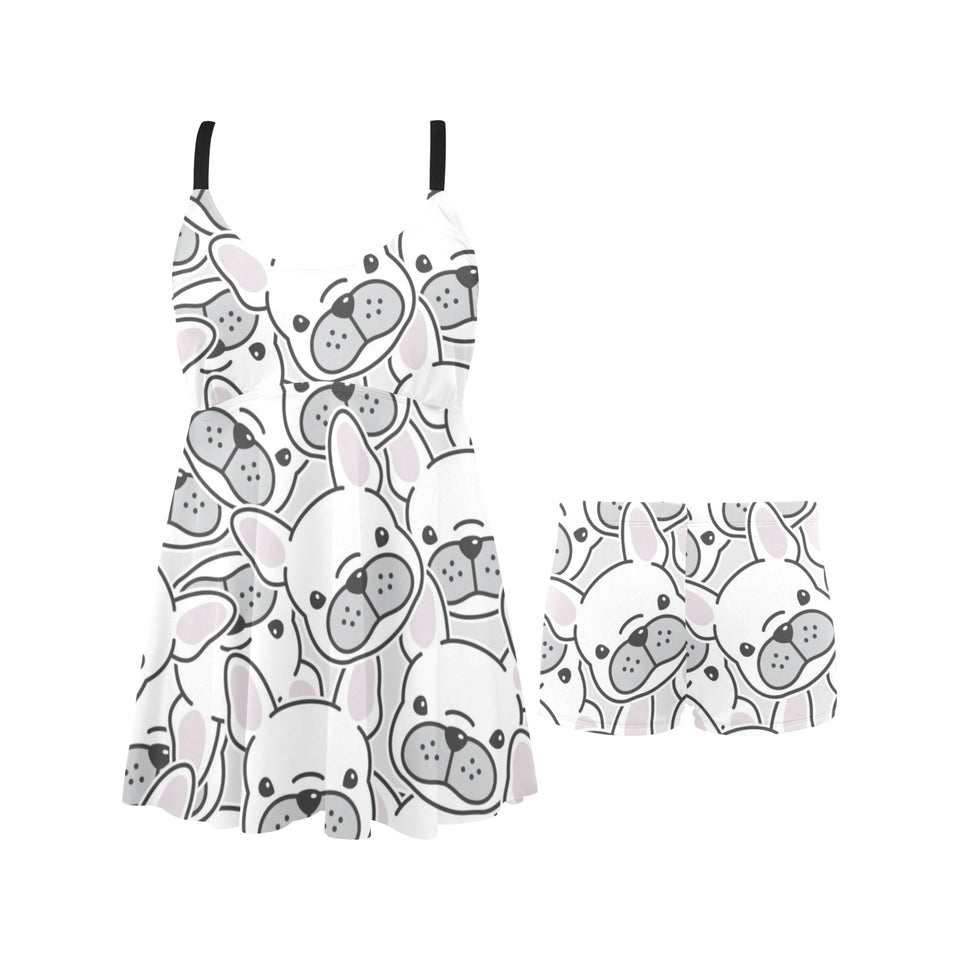 Cute french bulldog head pattern Chest Sexy Pleated Two Piece Swim Dress