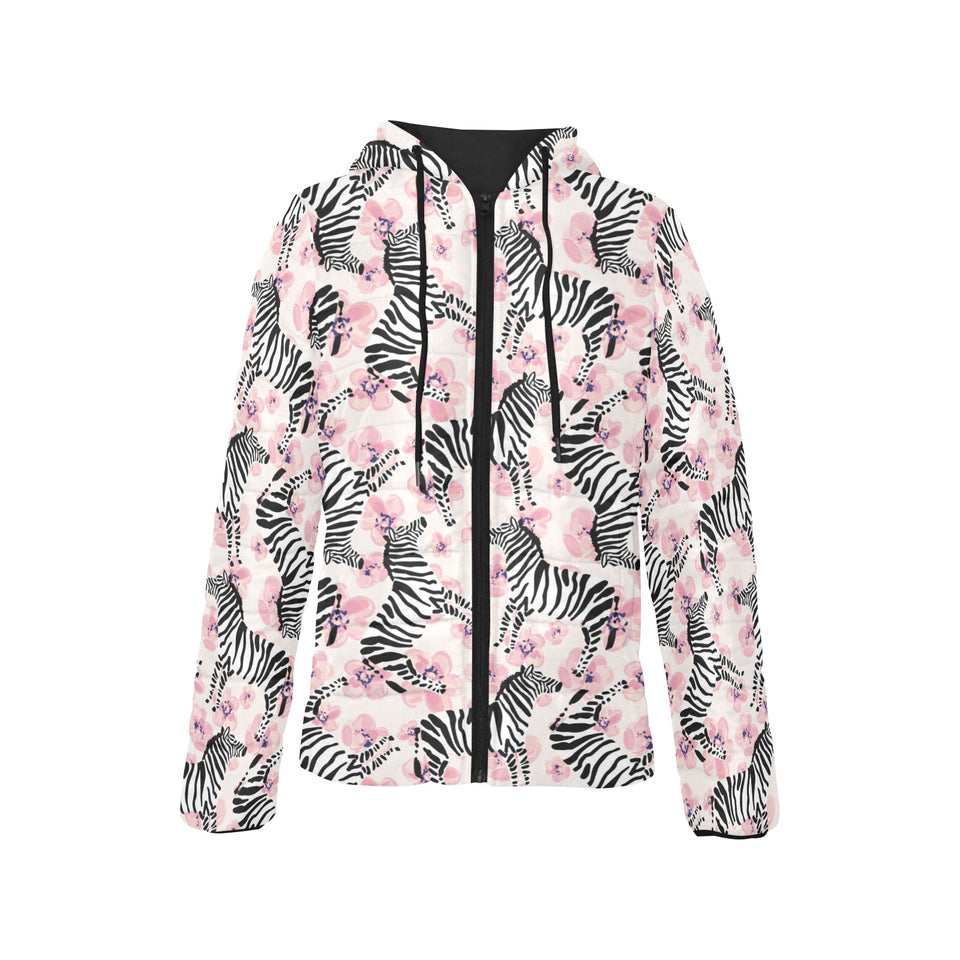 Zebra pink flower background Women's Padded Hooded Jacket