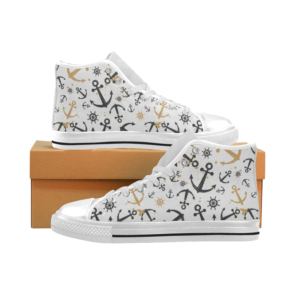 Anchors Rudders pattern Men's High Top Canvas Shoes White