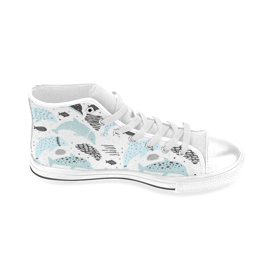 Cute dolphins Childish Style pattern Men's High Top Canvas Shoes White