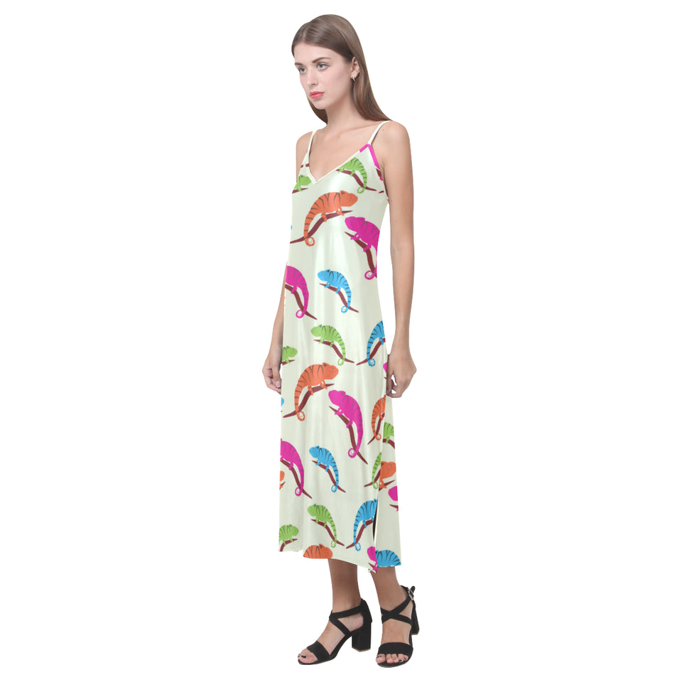 Colorful Chameleon lizard pattern V-Neck Open Fork Long Dress