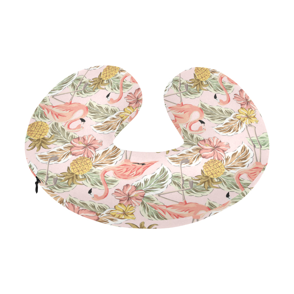 Pink flamingo birds pineapples hibiscus flower pat U-Shaped Travel Neck Pillow