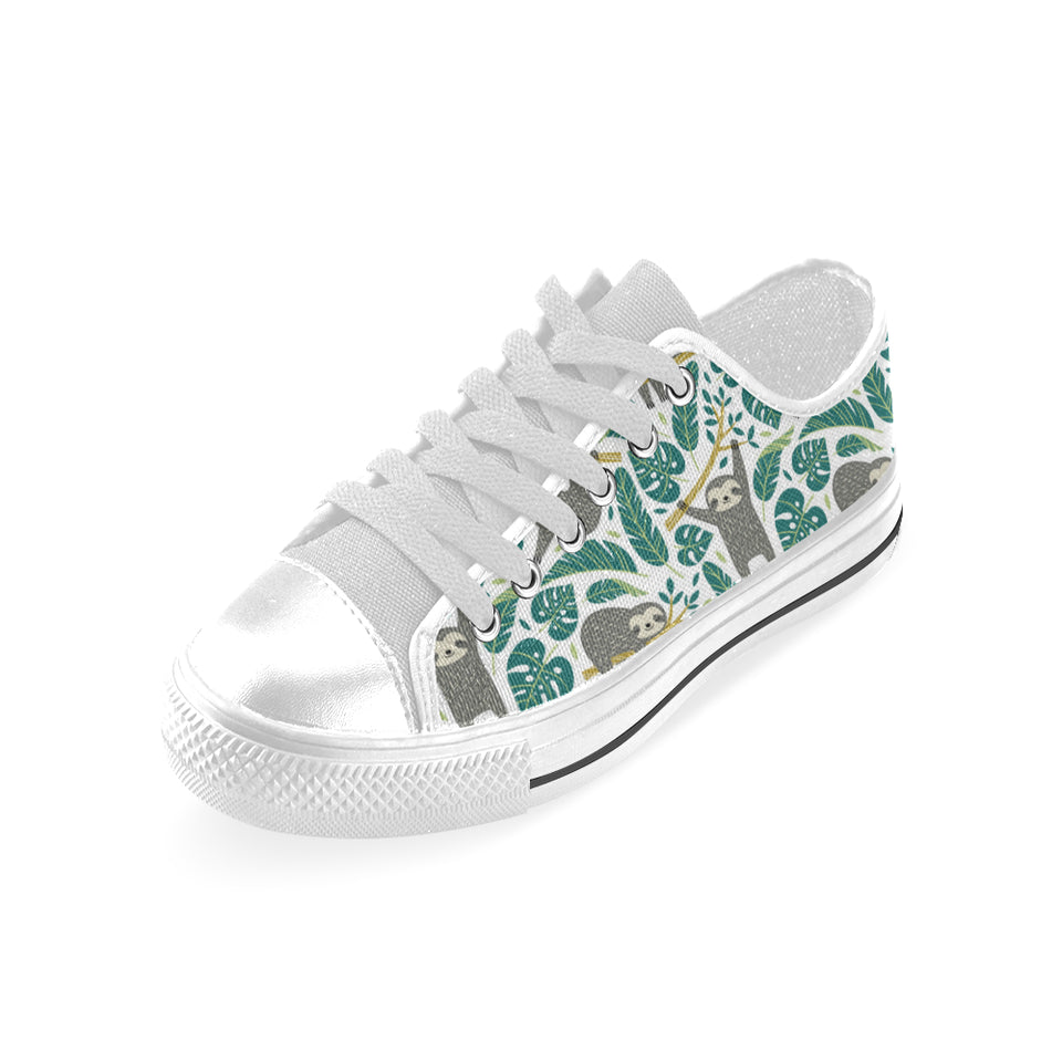Cute sloths tropical palm leaves white background Men's Low Top Shoes White