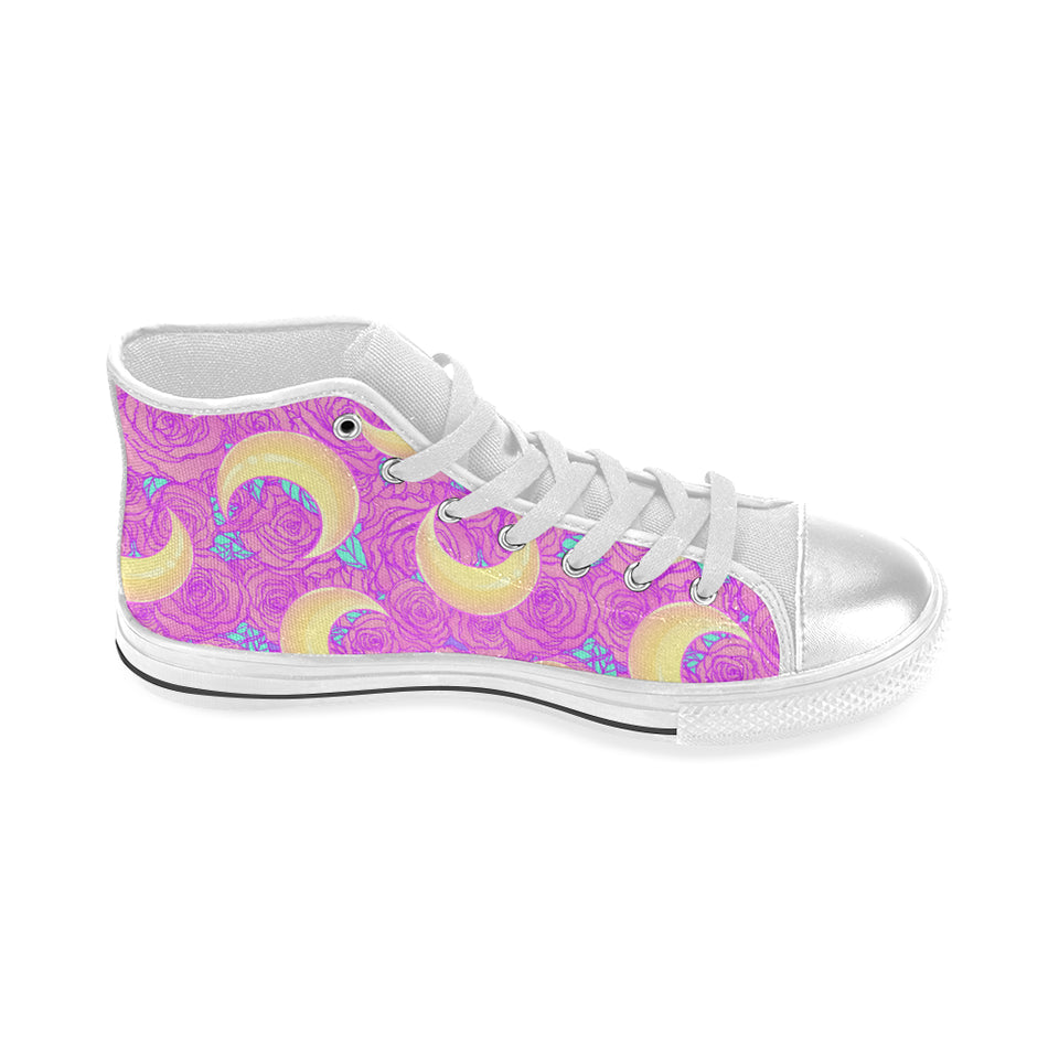 Moon pink rose background Women's High Top Canvas Shoes White