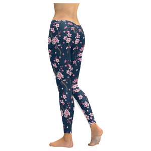 Pink sakura cherry blossom blue background Women's Legging Fulfilled In US