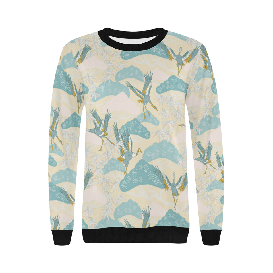 Bonsai bamboo stork japanese pattern cream theme Women's Crew Neck Sweatshirt