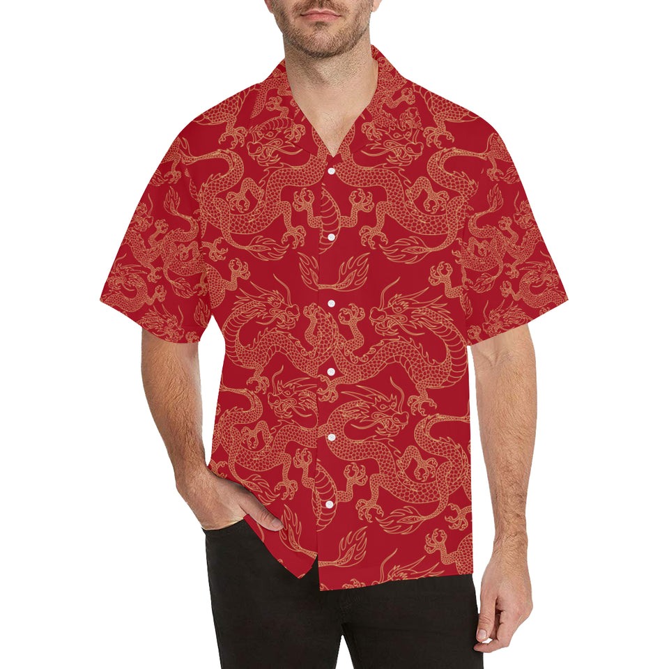 Gold dragons red background Men's All Over Print Hawaiian Shirt