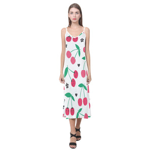cherry pattern white background V-Neck Open Fork Long Dress