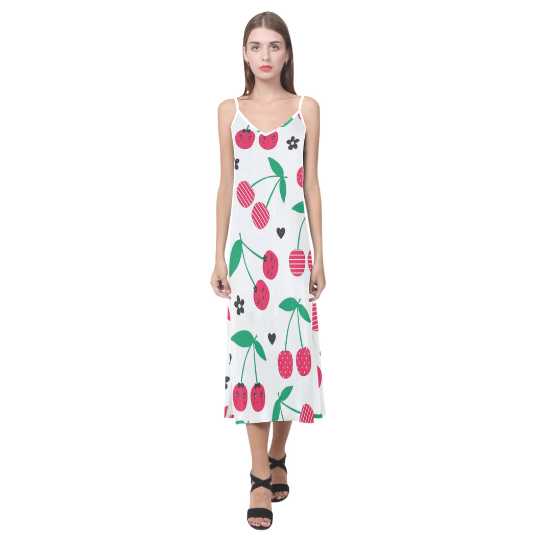 cherry pattern white background V-Neck Open Fork Long Dress