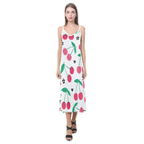 cherry pattern white background V-Neck Open Fork Long Dress