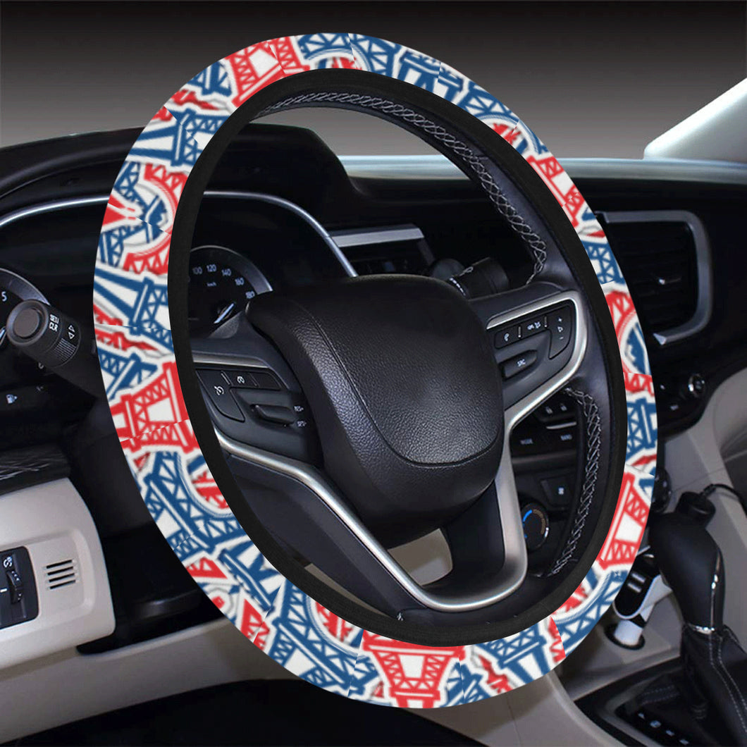 Blue Red Eiffel Tower Pattern Print Design 02 Car Steering Wheel Cover