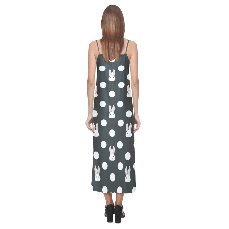 Cute white rabbit polka dots black background V-Neck Open Fork Long Dress