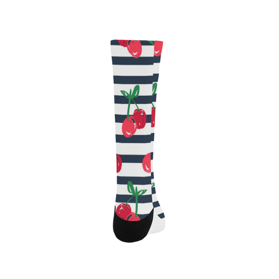 Hand drawn cherry pattern striped background Crew Socks