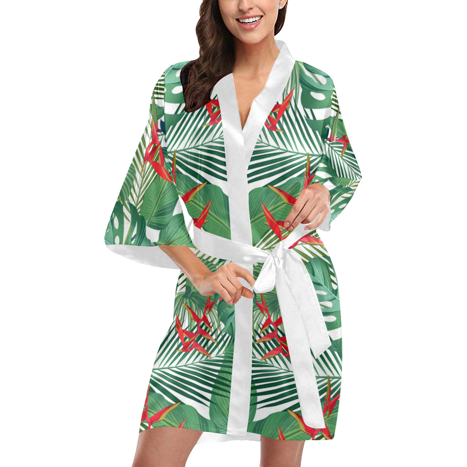 heliconia palm and monstera  leaves pattern Women's Short Kimono Robe