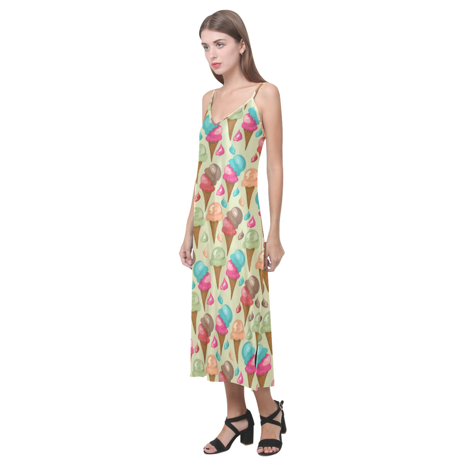 Colorful ice cream pattern V-Neck Open Fork Long Dress