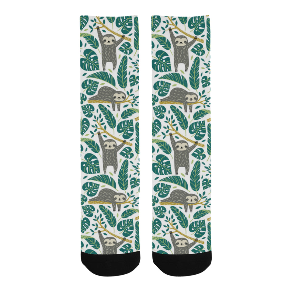 Cute sloths tropical palm leaves white background Crew Socks