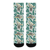 Cute sloths tropical palm leaves white background Crew Socks