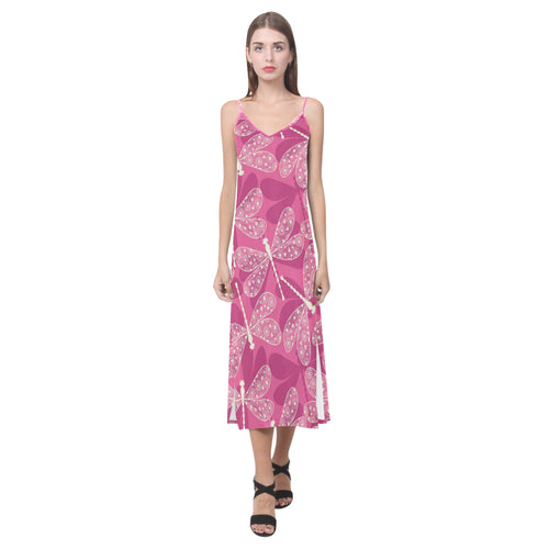 Beautiful dragonfly pink background V-Neck Open Fork Long Dress