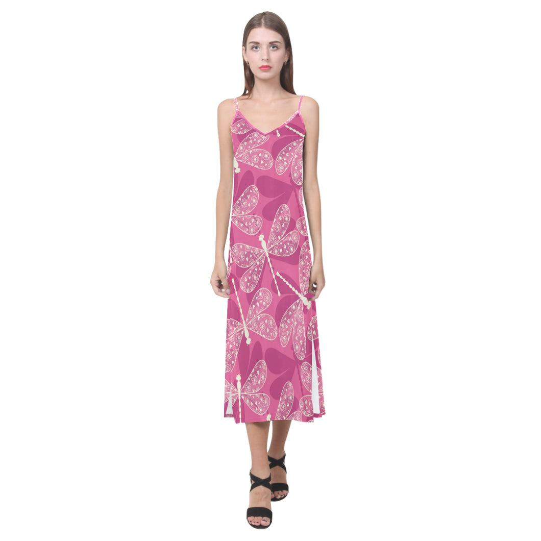 Beautiful dragonfly pink background V-Neck Open Fork Long Dress