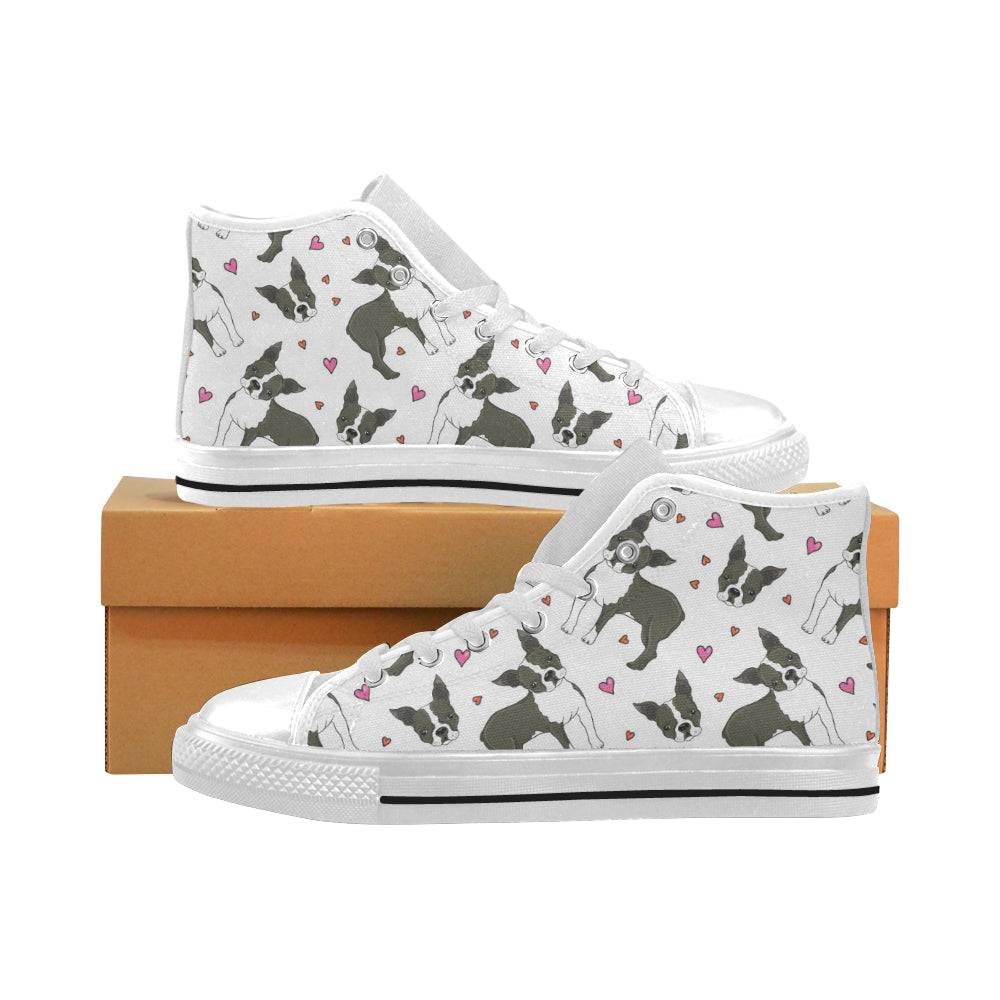 Boston terrier dog hearts vector pattern Men's High Top Canvas Shoes White