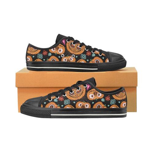 Pumpkin flowers spiderweb Halloween theme Kids' Boys' Girls' Low Top Canvas Shoes Black