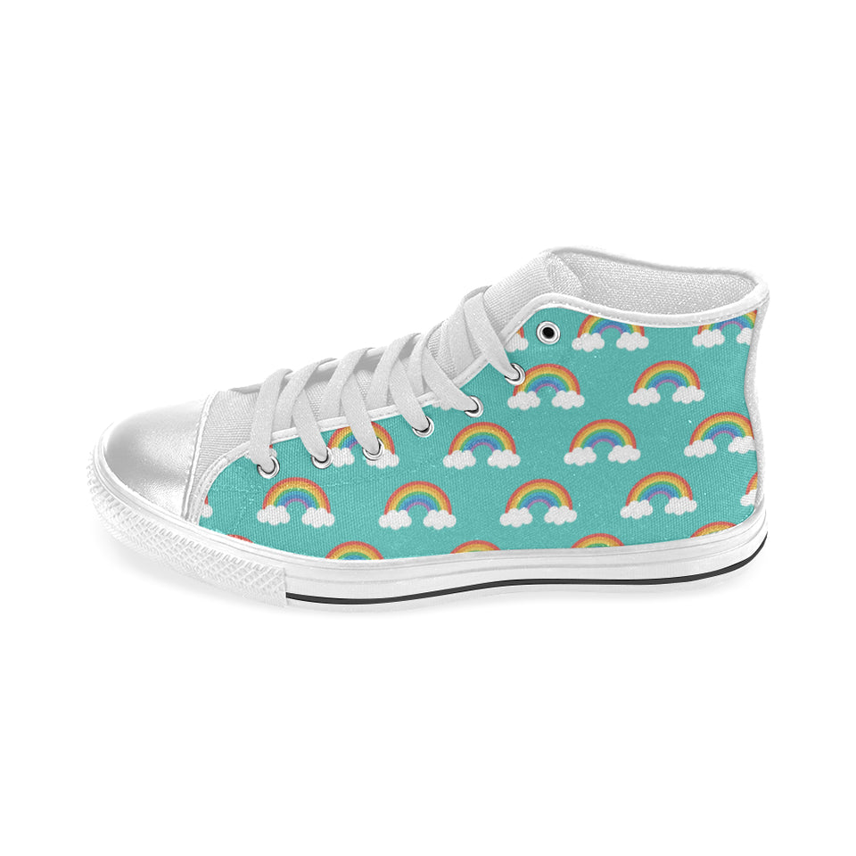 Rainbow pattern green background Women's High Top Canvas Shoes White
