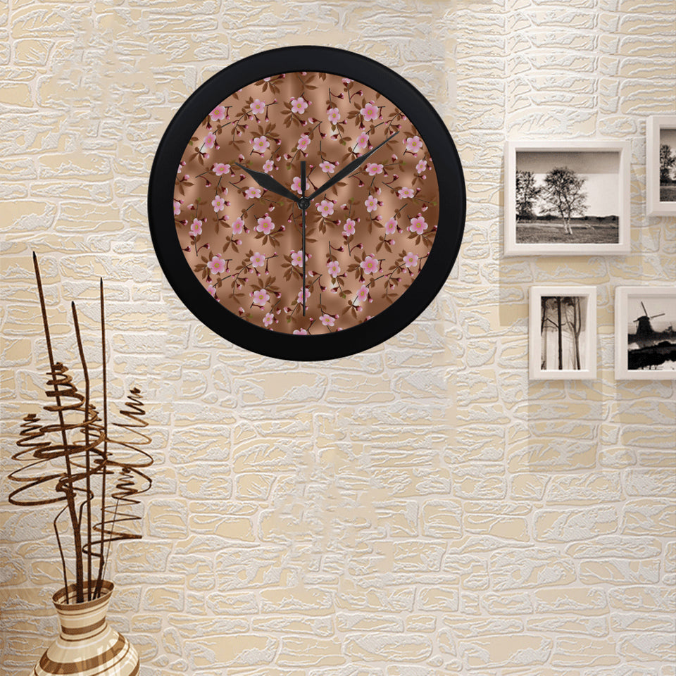 Pink sakura cherry blossom drak brown background Elegant Black Wall Clock