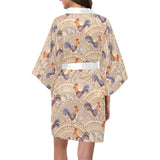 Cute rooster chicken cock floral ornament backgrou Women's Short Kimono Robe