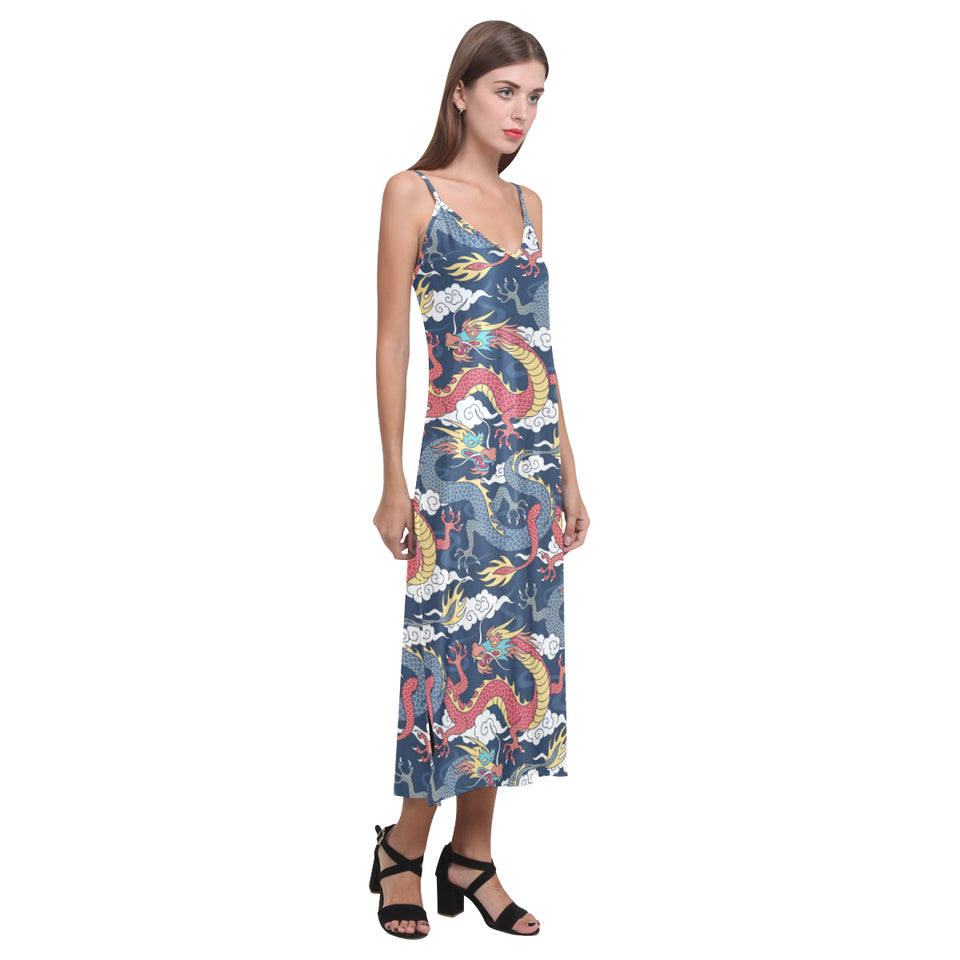 Blue red dragon cloud pattern V-Neck Open Fork Long Dress