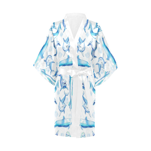 Watercolor dolphin pattern Women's Short Kimono Robe