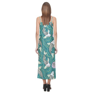 Koi Fish Carp Fish lotus pattern V-Neck Open Fork Long Dress