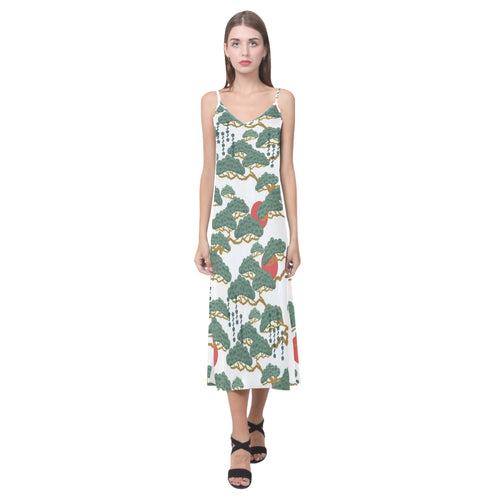 Bonsai red sun japanese pattern V-Neck Open Fork Long Dress