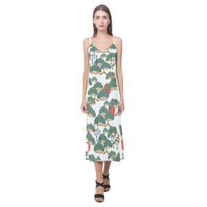 Bonsai red sun japanese pattern V-Neck Open Fork Long Dress
