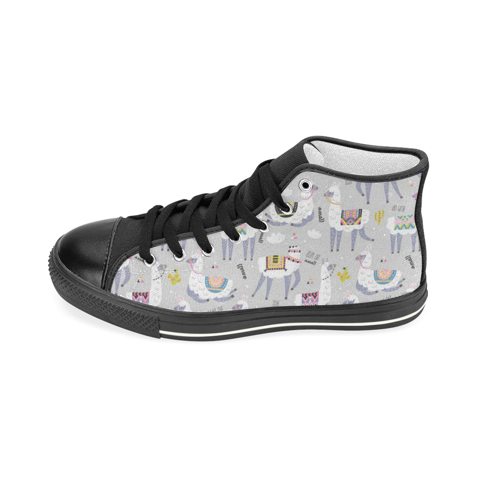 Cute Llama Alpaca pattern Women's High Top Canvas Shoes Black