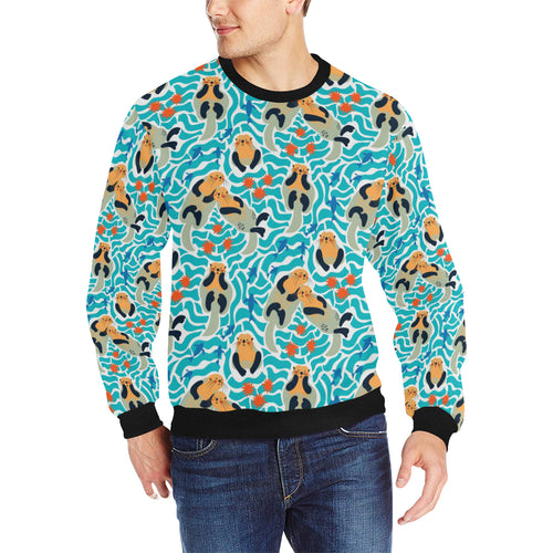Cute sea otters fishe sea urchin pattern Men's Crew Neck Sweatshirt
