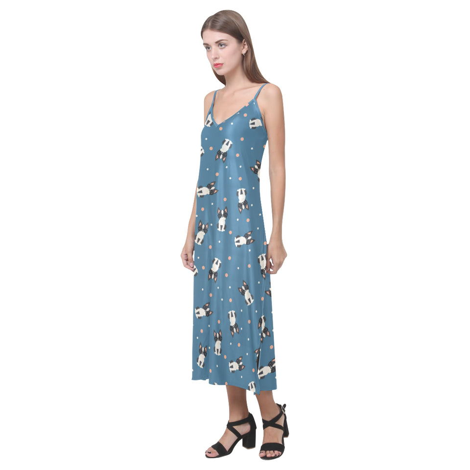 Cute boston terrier dog spattern V-Neck Open Fork Long Dress