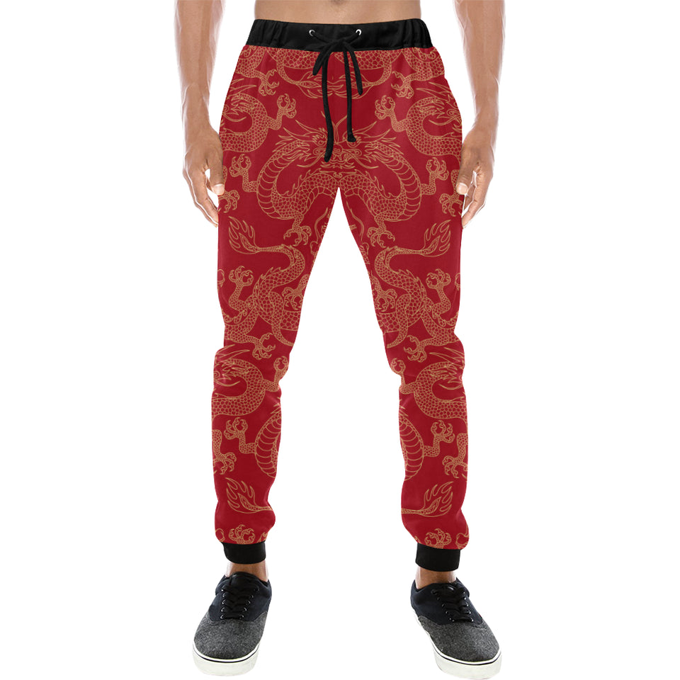 Gold dragons red background Unisex Casual Sweatpants