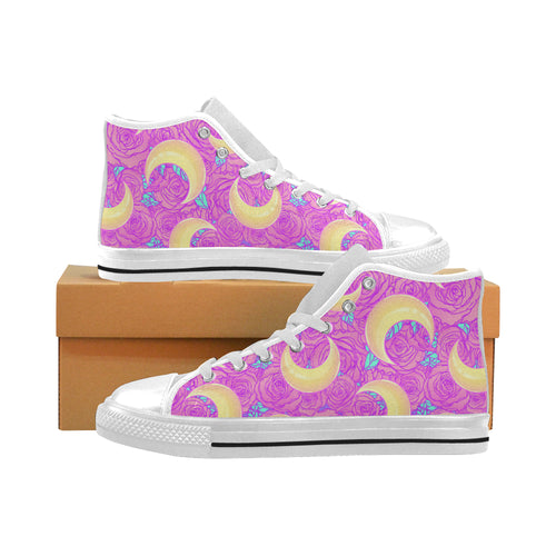 Moon pink rose background Men's High Top Canvas Shoes White